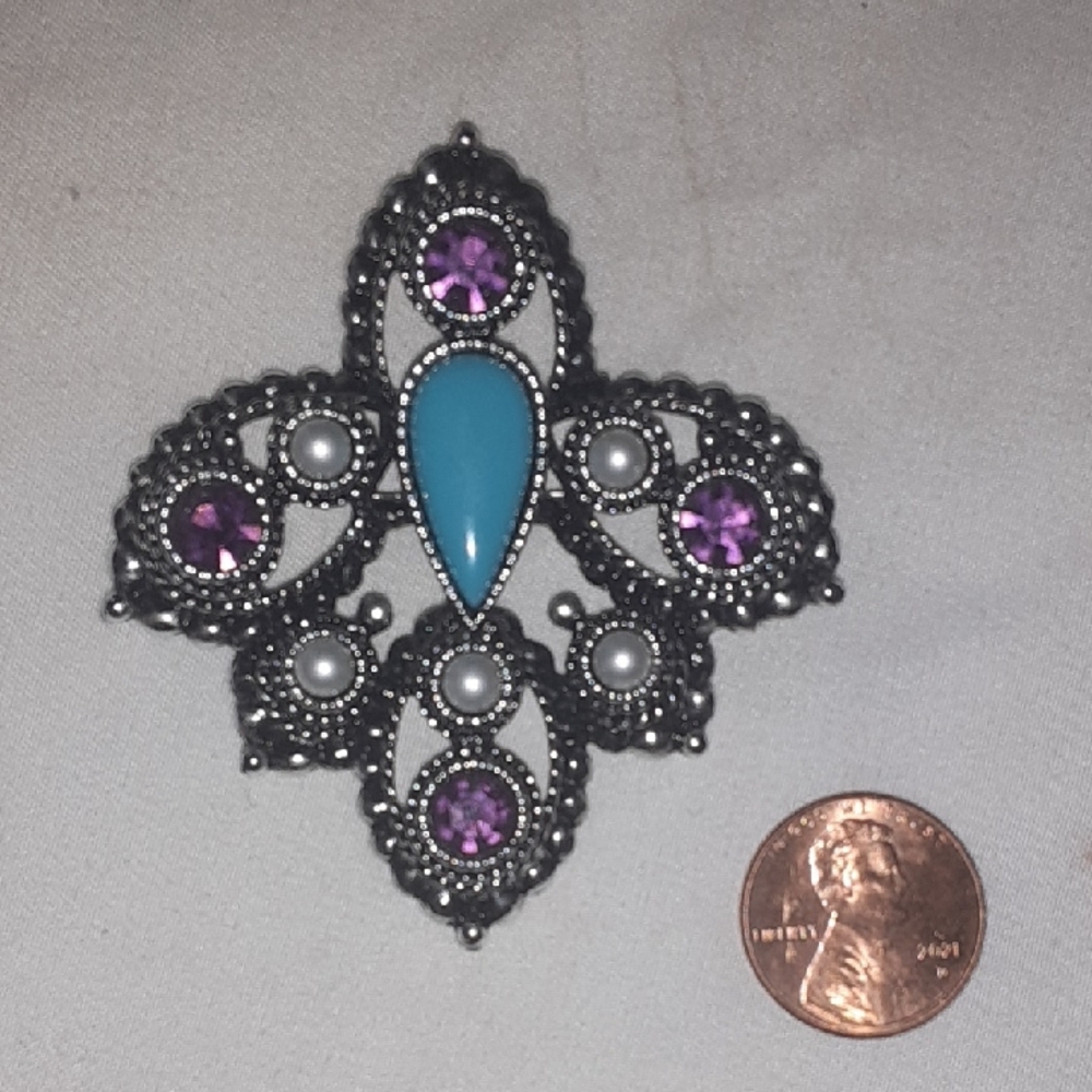 Sarah Coventry Silver Brooch with Purple and Turquoise Accents